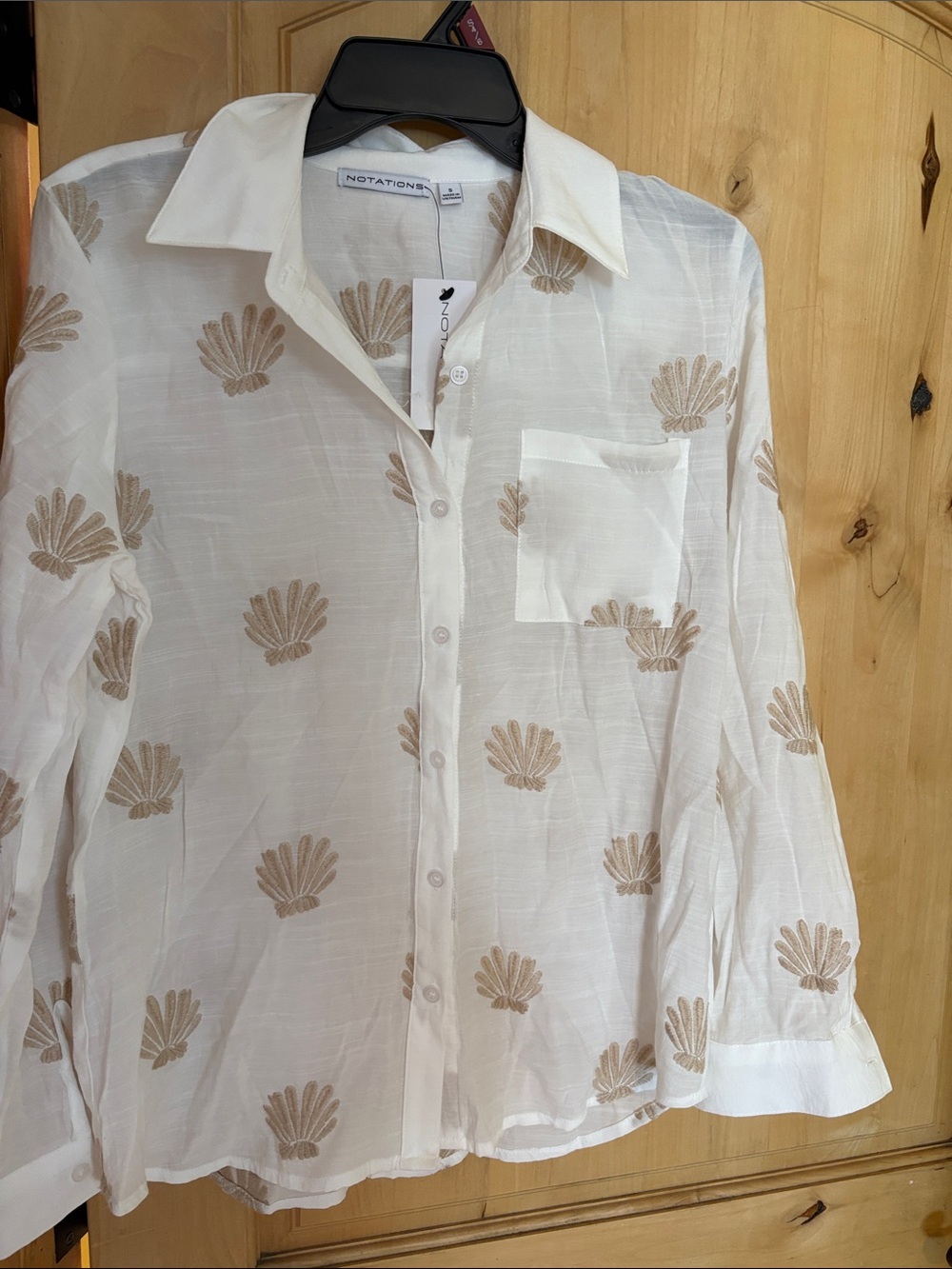 Notations White Sheer Button-Up Blouse with Tan Shell Embroidery